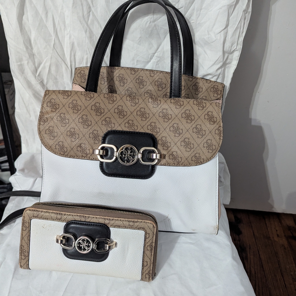 Guess Brown and White Satchel with Classic Design
